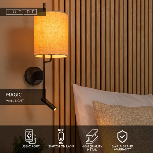 Lucide MAGIC - Wall light - 1xE27 - With USB charging point - Black - USP